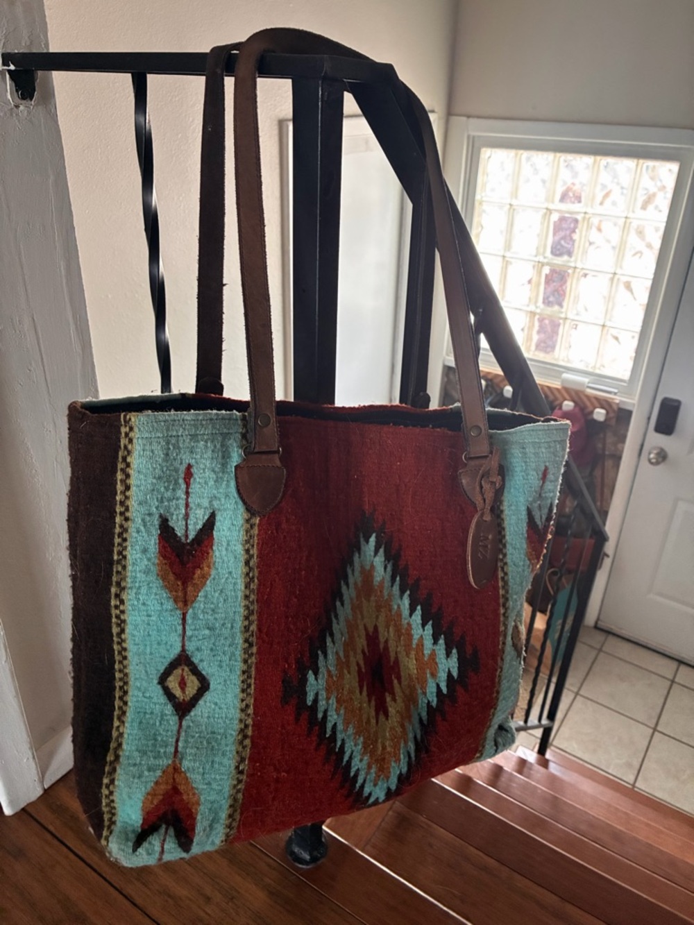 Southwestern Pattern Wool Tote Bag with Leather Straps - Brown & Teal